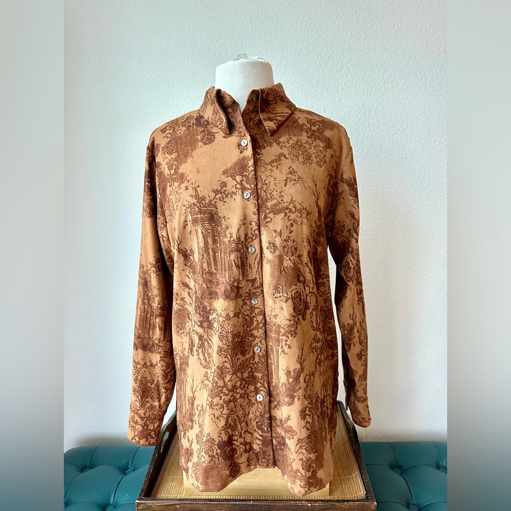 Soft Surroundings Floral Toile Print Shacket Shirt Abalone Button Orange Brown M